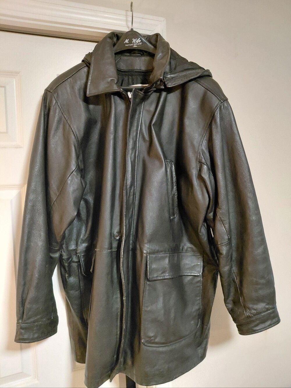 Men's Black Leather Jacket with Hood
